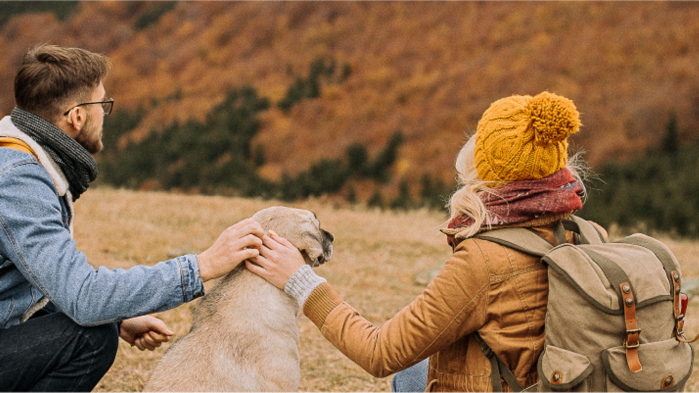 Two people on a hike with their dog