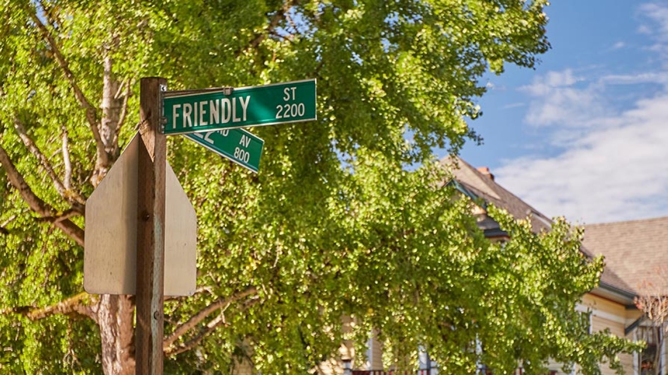 Panoramic view of street sign for Friendly Street