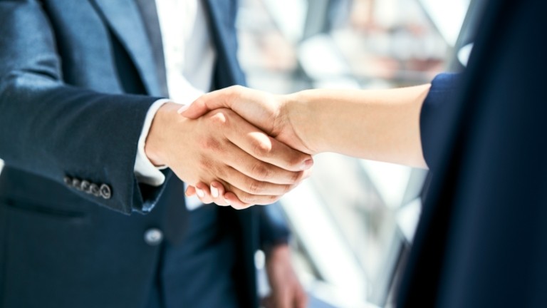 Two individuals in navy blue business suits shaking hands.