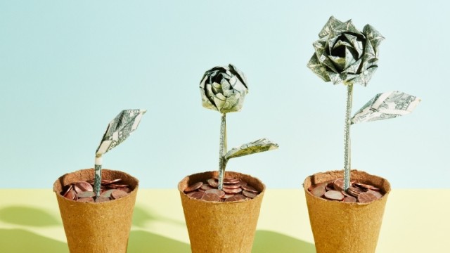 Three pots of pennies with folded dollar bills as rose plants growing into full bloom.