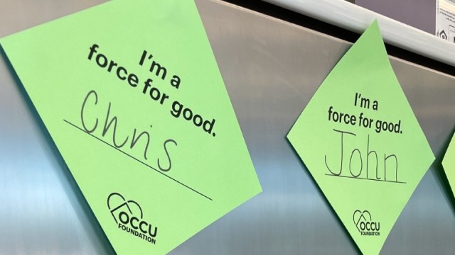 Green diamonds with "I'm a force for good" message and handwritten names