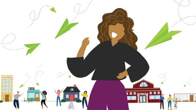 Caricature drawing of community members and local businesses with four paper airplanes flying in the sky.