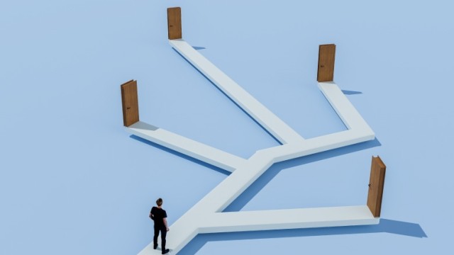 Caricature man choosing between four pathways and doors.