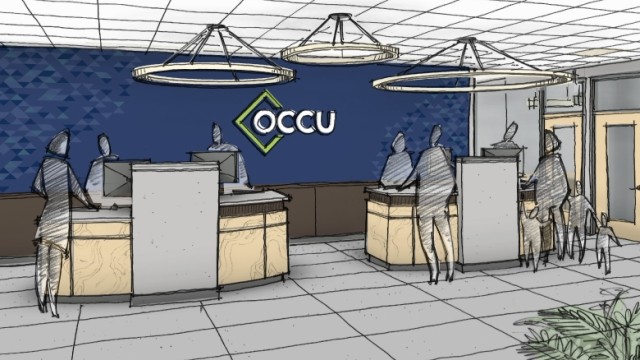 Interior rendering of a credit union branch with OCCU logo.