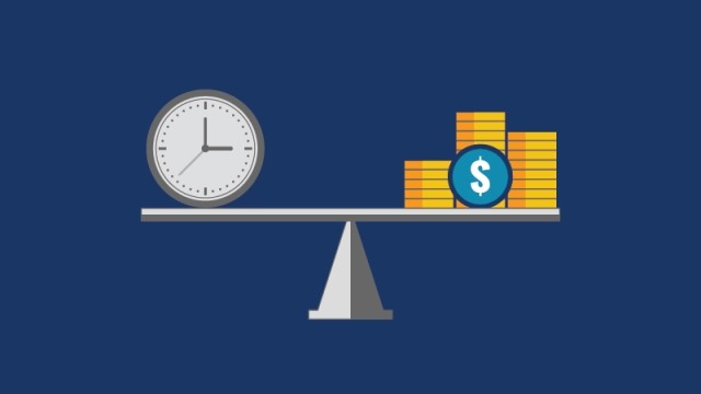 scale with a clock and gold coins