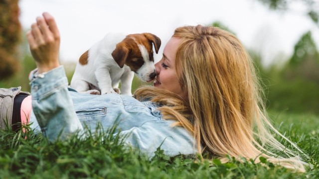 Woman laying in grass with puppy on top of her licking her face