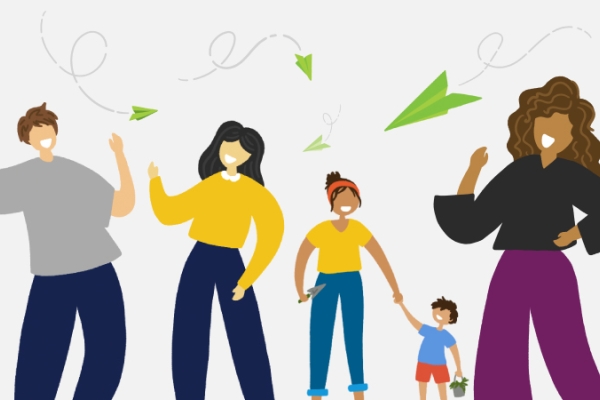 Five caricature people waving with four paper airplanes flying in the background