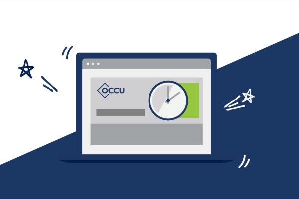 Computer with OCCU logo, a clock and doodles.