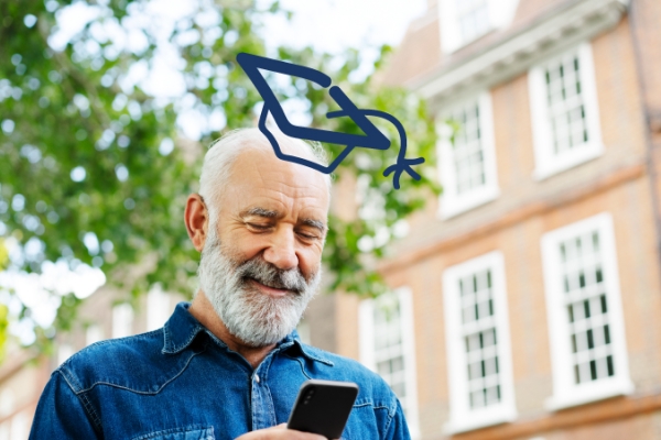 Older man with doodle of grad cap