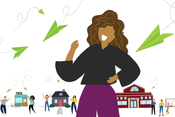 Caricature drawing of community members and local businesses with four paper airplanes flying in the sky.