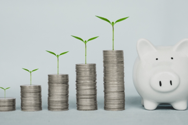 Five stacks of quarters growing taller with plants on top and white piggy bank.