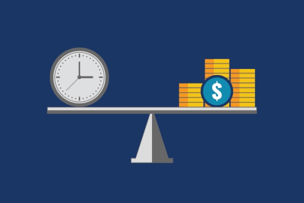 scale with a clock and gold coins