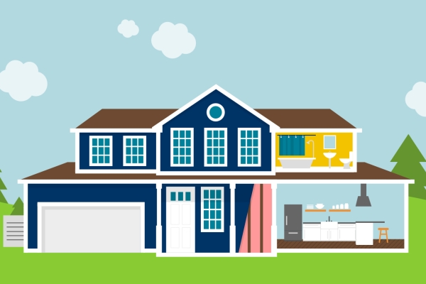 Blue house with open kitchen & bathroom illustration