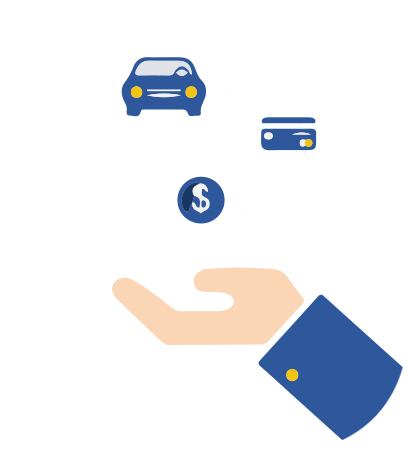Hand with circles above showing a car, credit card, and dollar sign