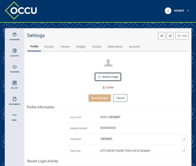 Digital banking profile menu
