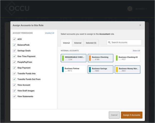 digital banking assign account roles screen