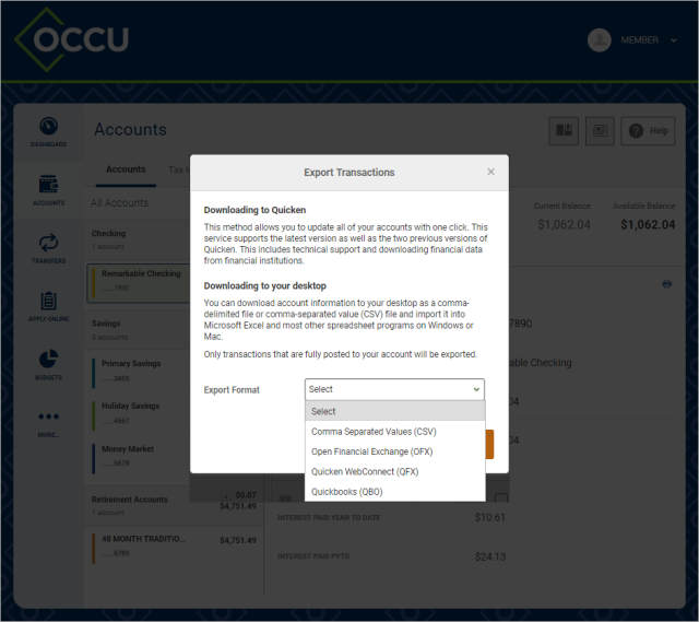 export transactions digital banking menu