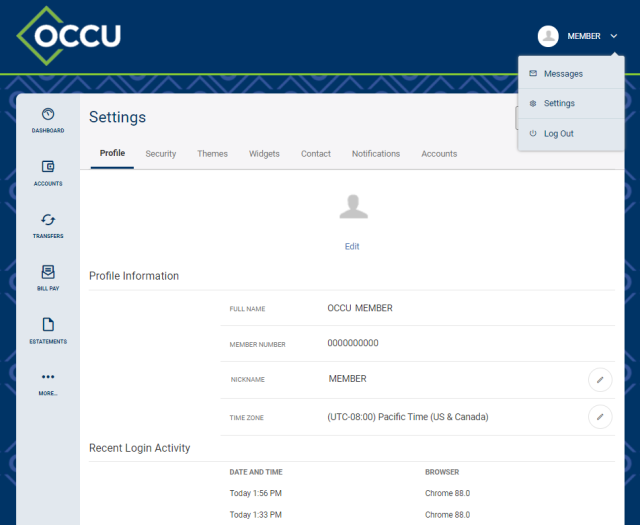 Digital banking settings menu