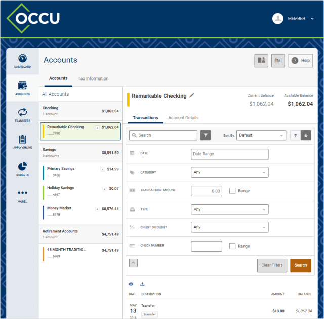 digital banking accounts screen