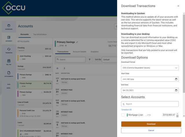 digital banking download transactions screen