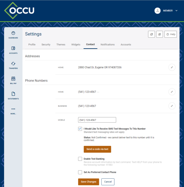 Digital banking settings menu