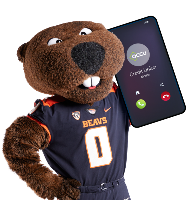 Beaver mascot with phone