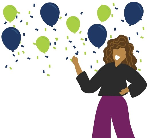 Smiling person in front of balloons